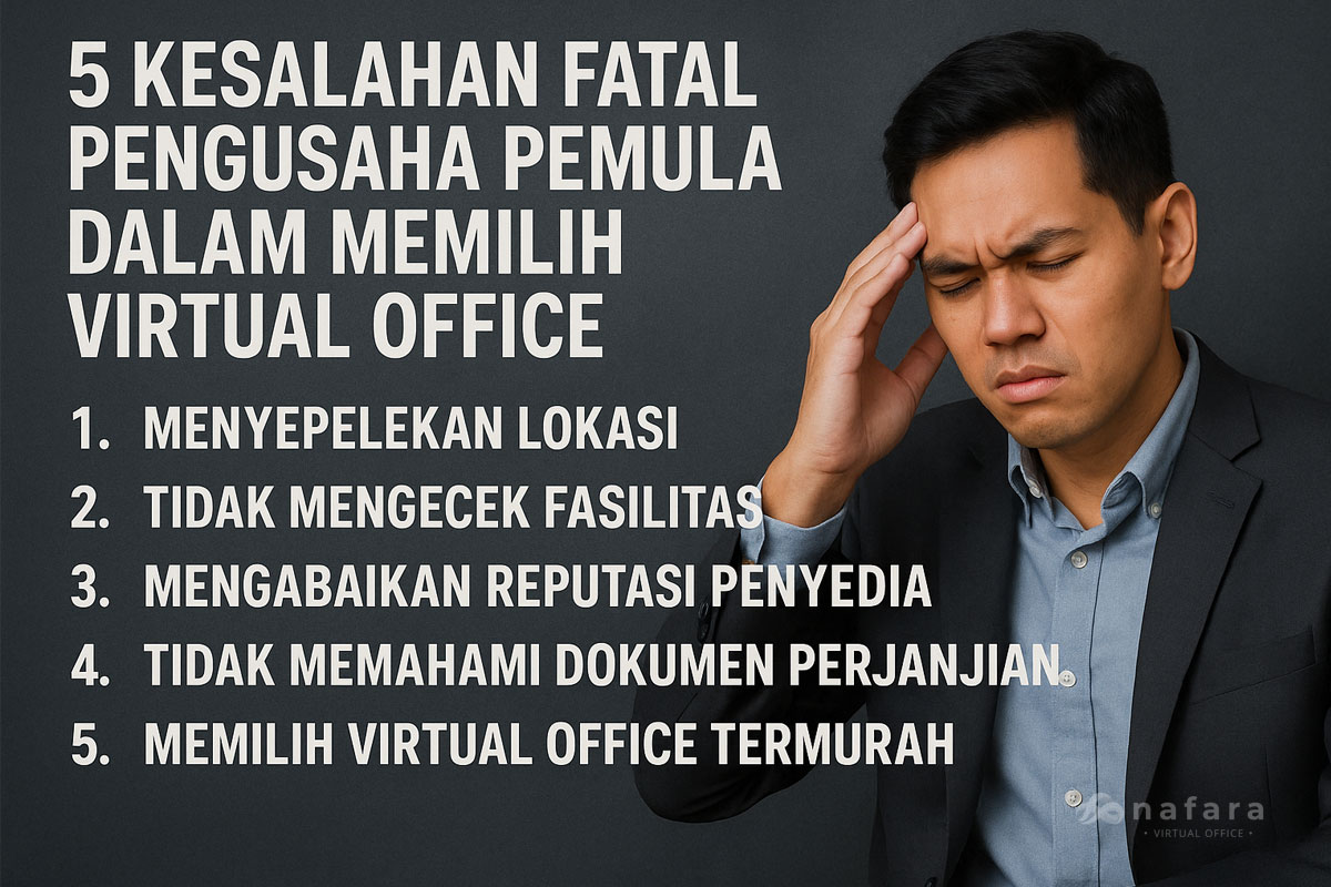 5 Kesalahan Fatal Pengusaha Pemula dalam Memilih Virtual Office 2 Virtual Office Indonesia, 5 kesalahan pengusaha dalam memilih virtual office - salah memilih lokasi - mengabaikan reputasi penyedia - memilih yang termurah.
